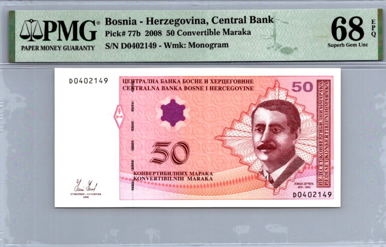 Read more about the article Bosnia 50 Convertible Maraka 2008 TOP POP1 PMG 68 EPQ Superb GEM UNC Pick# 77b