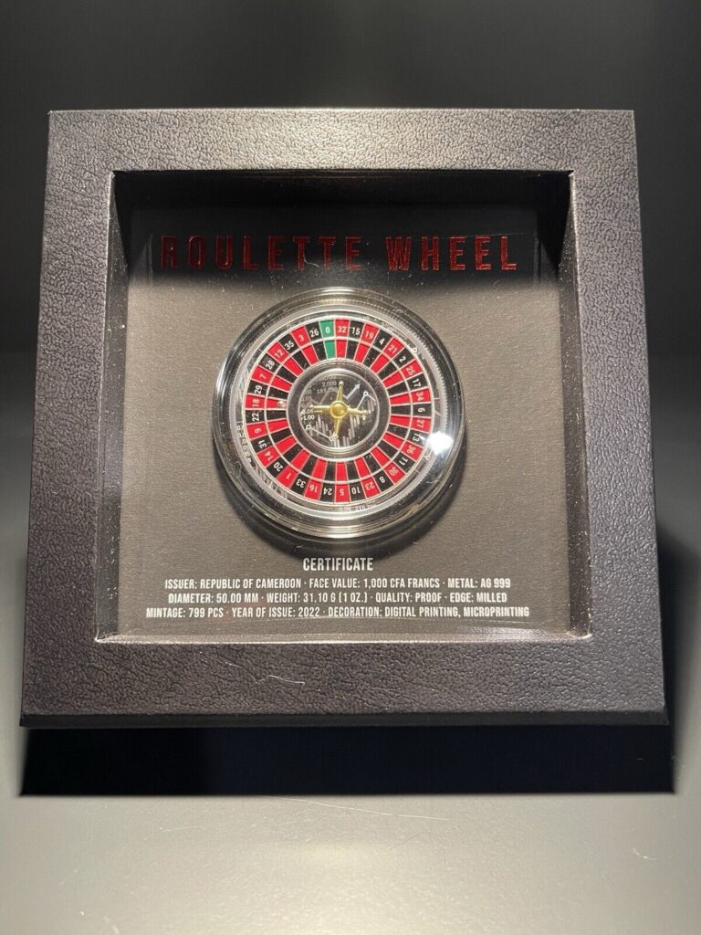 Read more about the article 2022 Cameroon Roulette Wheel 1 oz Silver Colorized Proof Coin 799 Limited .999