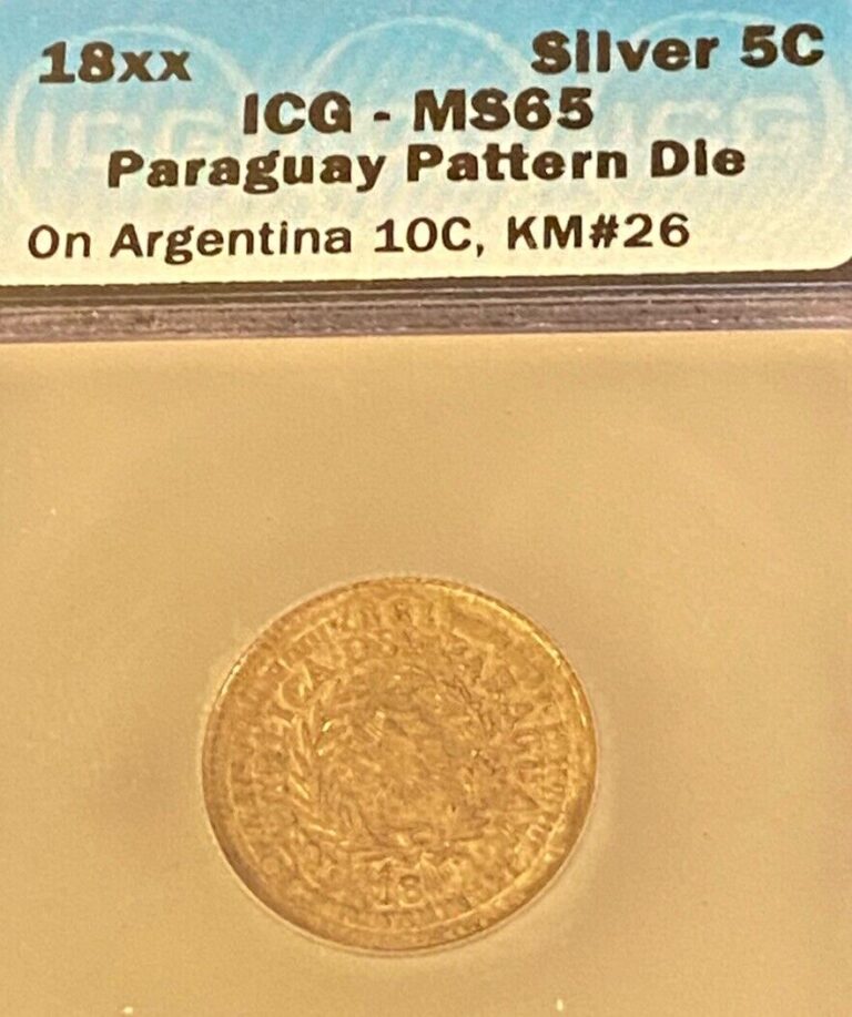 Read more about the article PARAGUAY 18XX SILVER 5C ON ARGENTINA 10C ICG MS66 KM#26 PARAGUAY PATTERN DIE* A