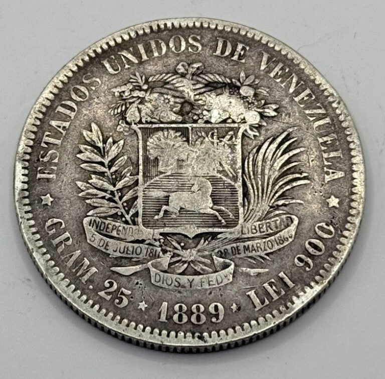 Read more about the article SCARCE 5 Bolivares 1889 Venezuela Silver 900