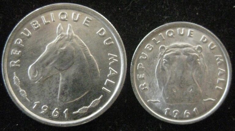 Read more about the article Mali 2 coins 1961 5 and 10 Francs hippo and horse head UNC- BU #71