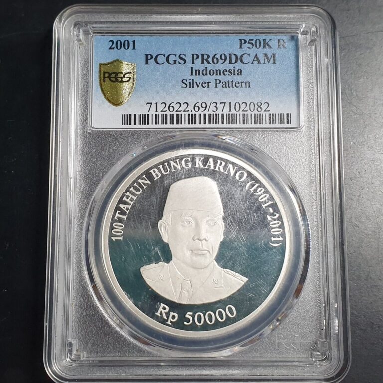 Read more about the article Indonesia 50000 50 000 Rupiah Silver Pattern Sukarno 2001 PCGS PR69 DCAM TOP POP