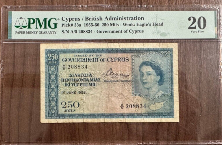 Read more about the article Cyprus British Administration 250 Mils Wmk 1955-60 Government Pick# 33a PMG VF20