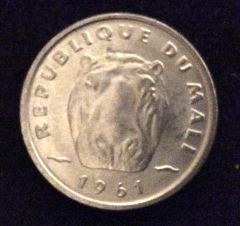 Read more about the article Hippopotamus Head 5 Francs Mali 1961 Aluminum Uncirculated KM # 2