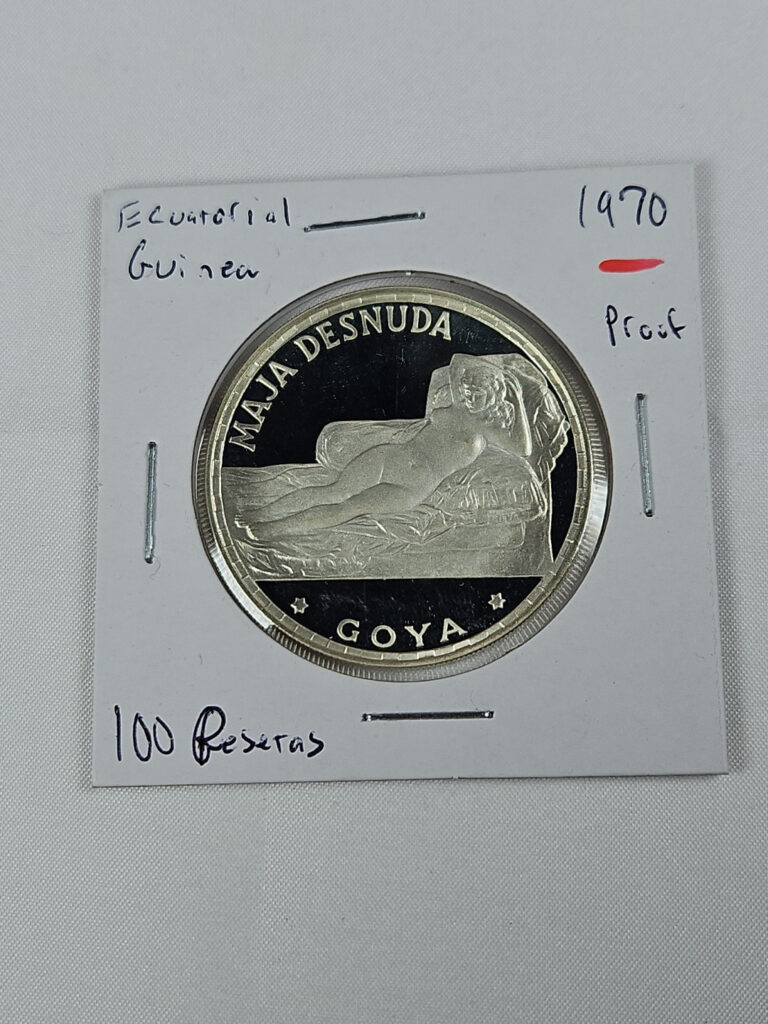 Read more about the article 1970 Equatorial Guinea 100 Pesetas Silver Proof Coin – Goya’s La Maja Desnuda