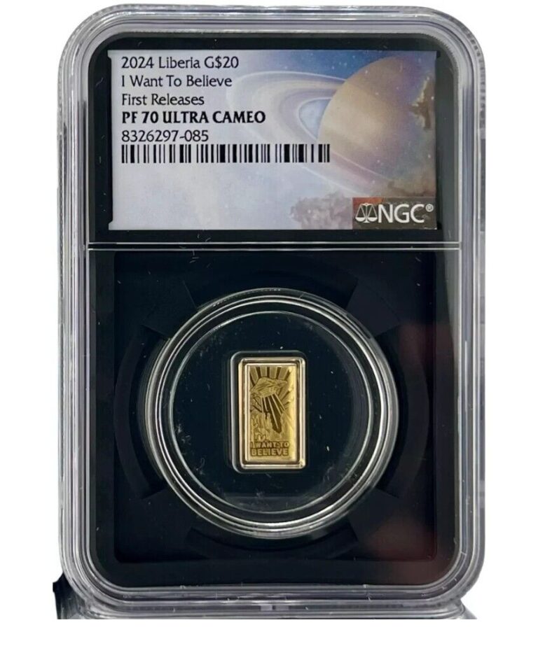 Read more about the article 2024 Liberia $20 I Want to Believe UFO 0.5g Gold Coin – NGC PF 70 Galaxy Label