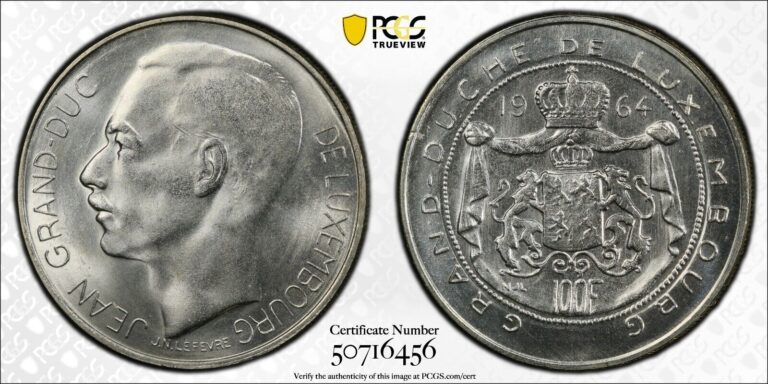 Read more about the article 1964 LUXEMBOURG 100 Francs  Silver – Jean  Advent to the Throne – PCGS MS66