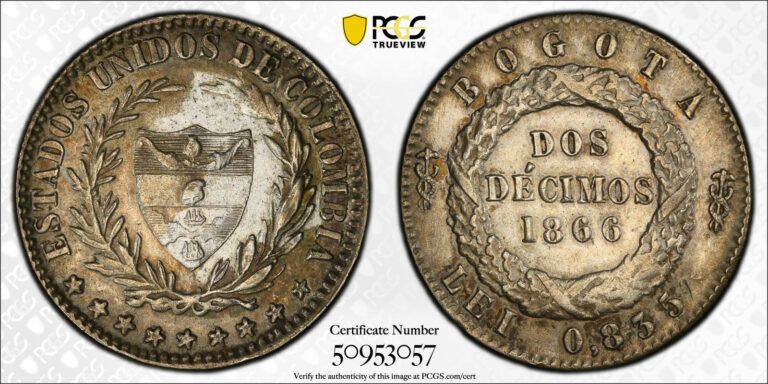 Read more about the article 1866 Colombia Silver 2 Decimos PCGS AU – Restrepo-279.1 Bogota – KM#149a.1