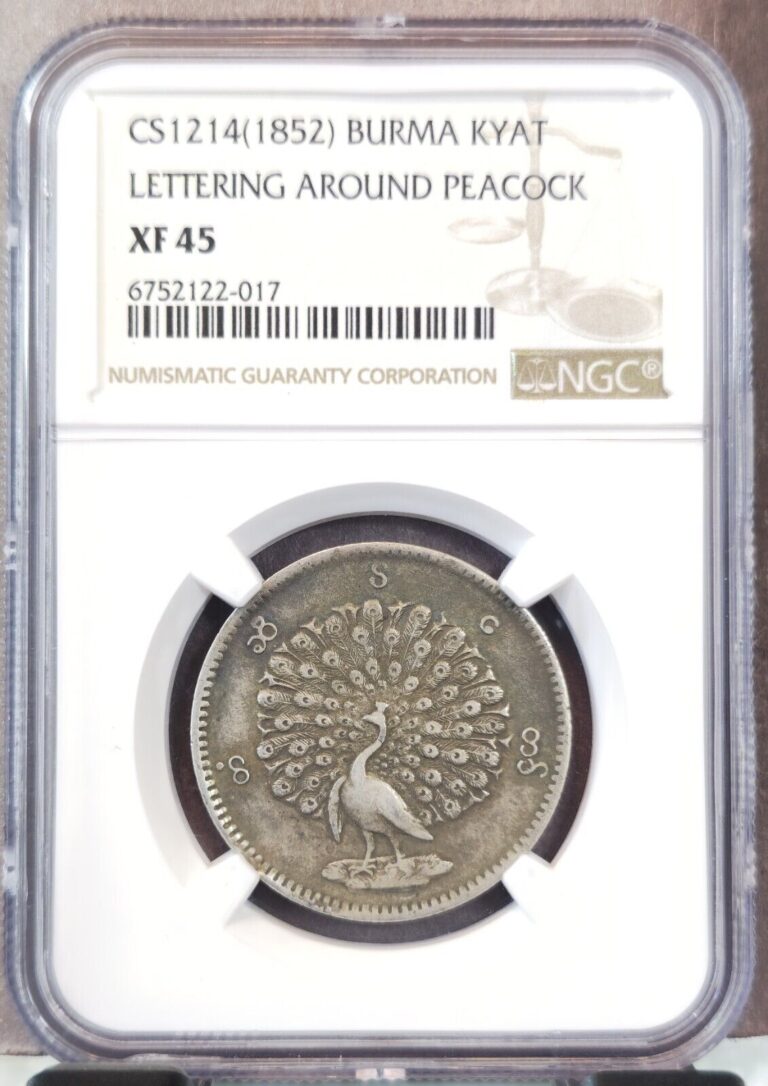 Read more about the article 1852 BURMA SILVER 1 KYAT LETTERING AROUND PEACOCK NGC XF 45 RARE GREAT COIN