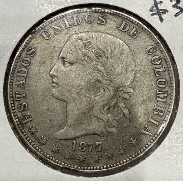 Read more about the article 1877/4 5 Decimos Colombia Silver Medellin Colombia Five Decimos Coin Overdate