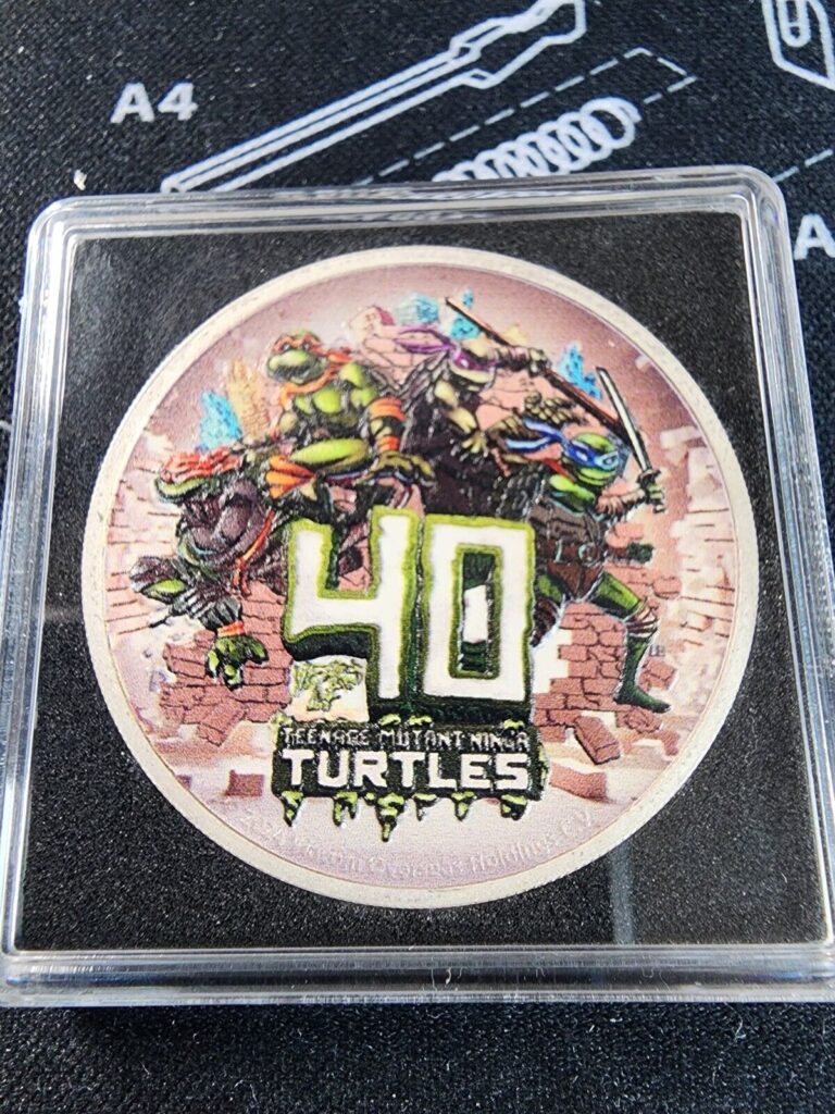 Read more about the article Tuvalu 2024 Colorized TMNT Kowabunga 40 Year Anniv. 1oz Silver Coin w/COA sleeve