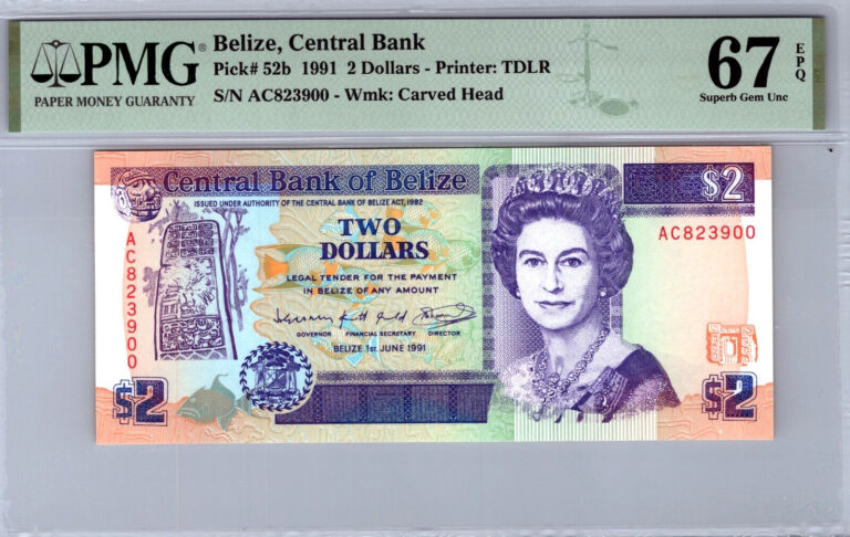 Read more about the article Belize 2 Dollars Pick# 52b 1991 PMG 67 EPQ Superb Gem Uncirculated Banknote