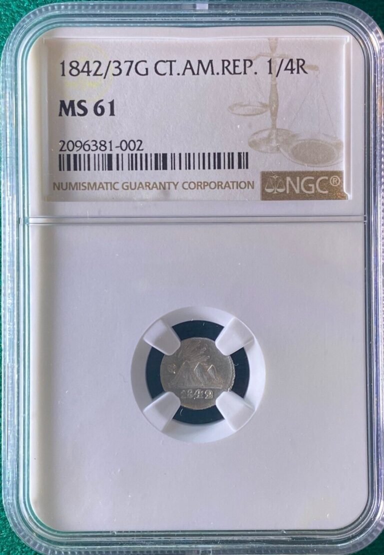 Read more about the article Guatemala 1842/37 1/4 Real NGC MS 61 Central American Republic