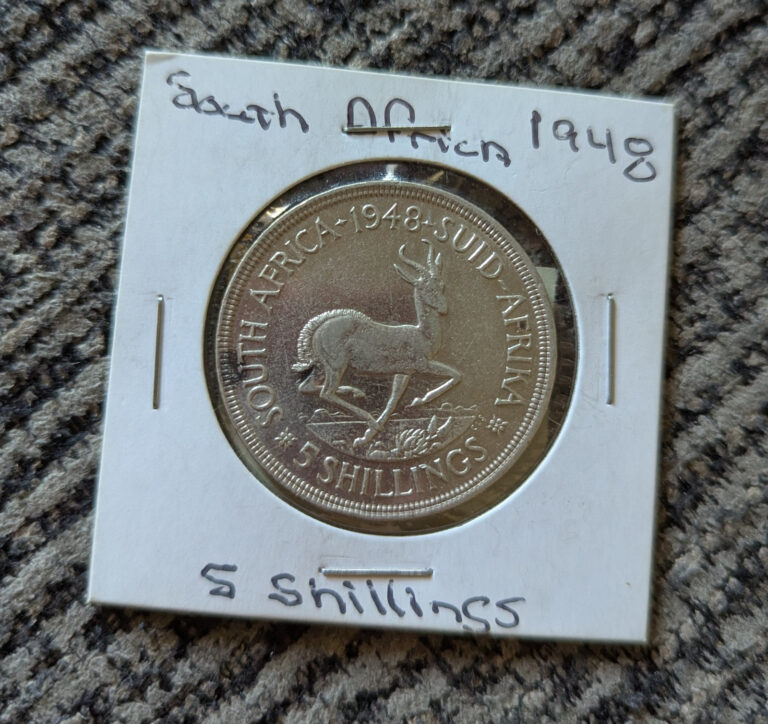 Read more about the article South Africa 1948 Silver 5 Shillings Coin KM#40.1