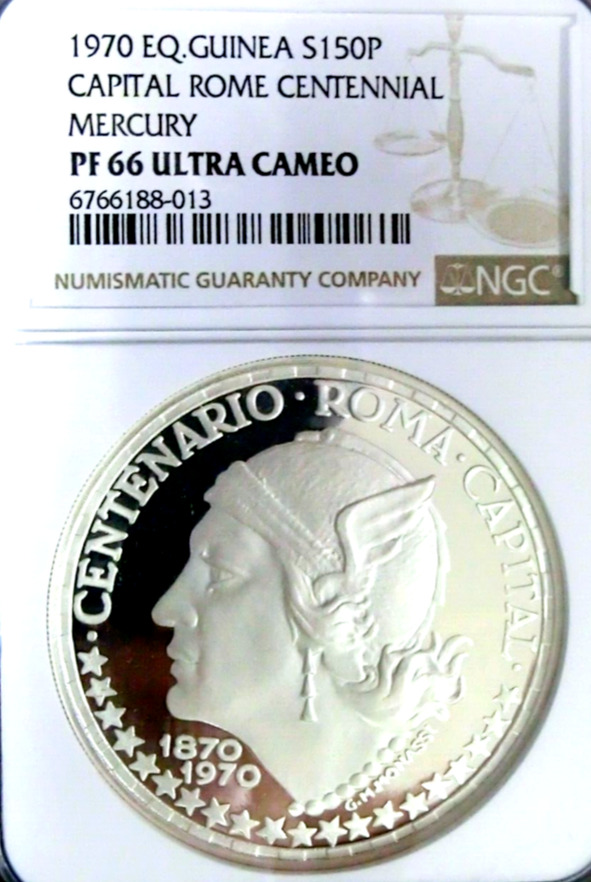 Read more about the article Equatorial Guinea 1970 Rome Centennial Mercury 999 Silver 150P Proof NGC PR PF66