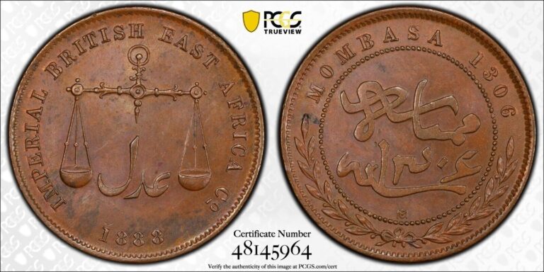 Read more about the article 1888 (AH1306) C/M MOMBASA Bronze PICE PCGS MS-63BN – KM-1.5 Med Letters