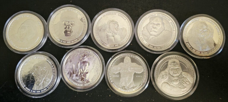 Read more about the article CONGO SILVERBACK GORILLA (9) SILVER COIN COLLECTION  COMPLETE BU .999 2015-2023