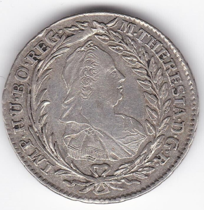 Read more about the article 1773 Austria Maria Theresa 20 Kreuzer larger SILVER Coin – high grade!