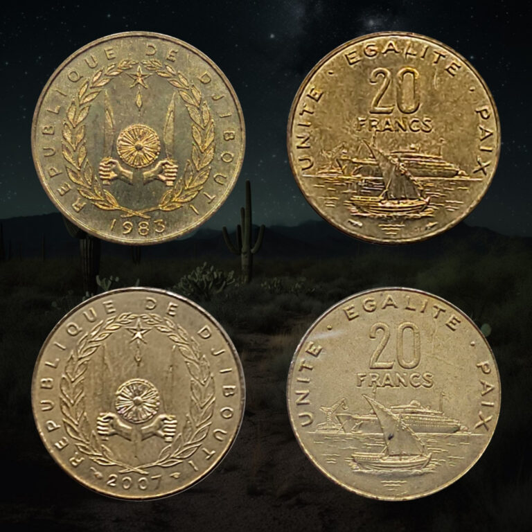 Read more about the article Lot of 2 – 1983-2007 Djibouti 20 Francs Coins  Coat of Arms  Dhow  Ocean Liner