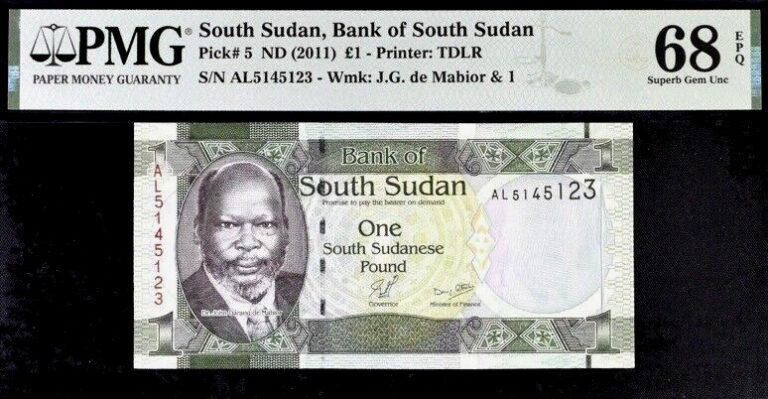 Read more about the article South Sudan 1 Pound 2011 Pick# 5 ND PMG 68 EPQ Superb Gem unc Banknote