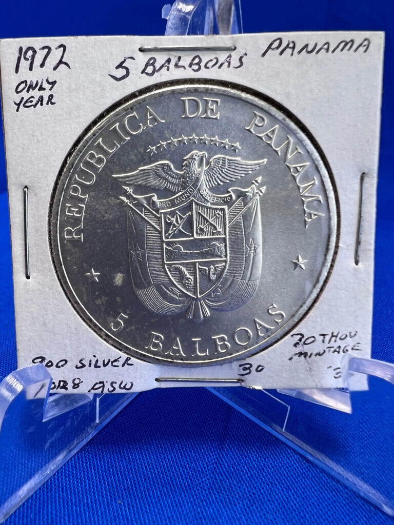 Read more about the article 1972 PANAMA .900 SILVER 5 BALBOAS COIN (106)