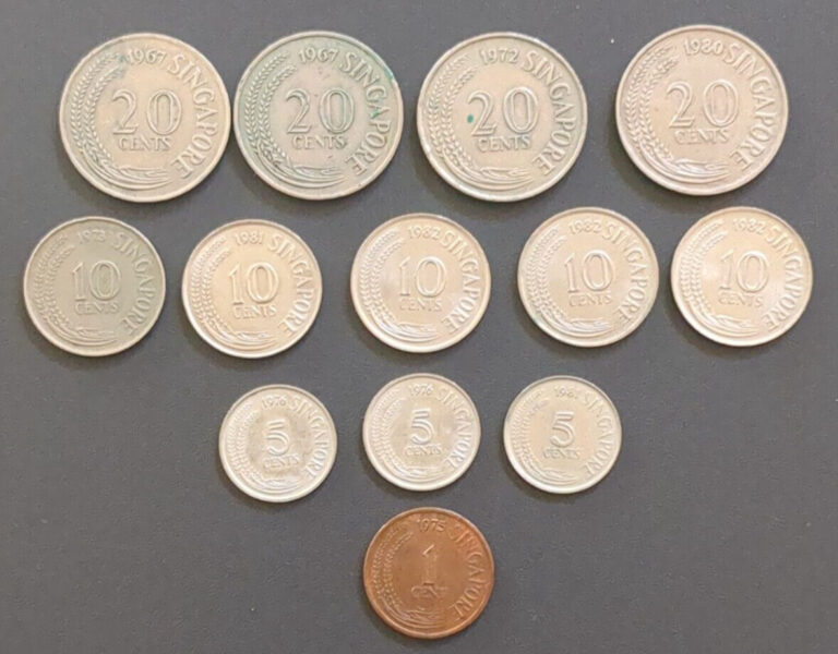 Read more about the article Singapore Coins  1967-1982; 20  10  5  and 1 Cent; Lot of 13