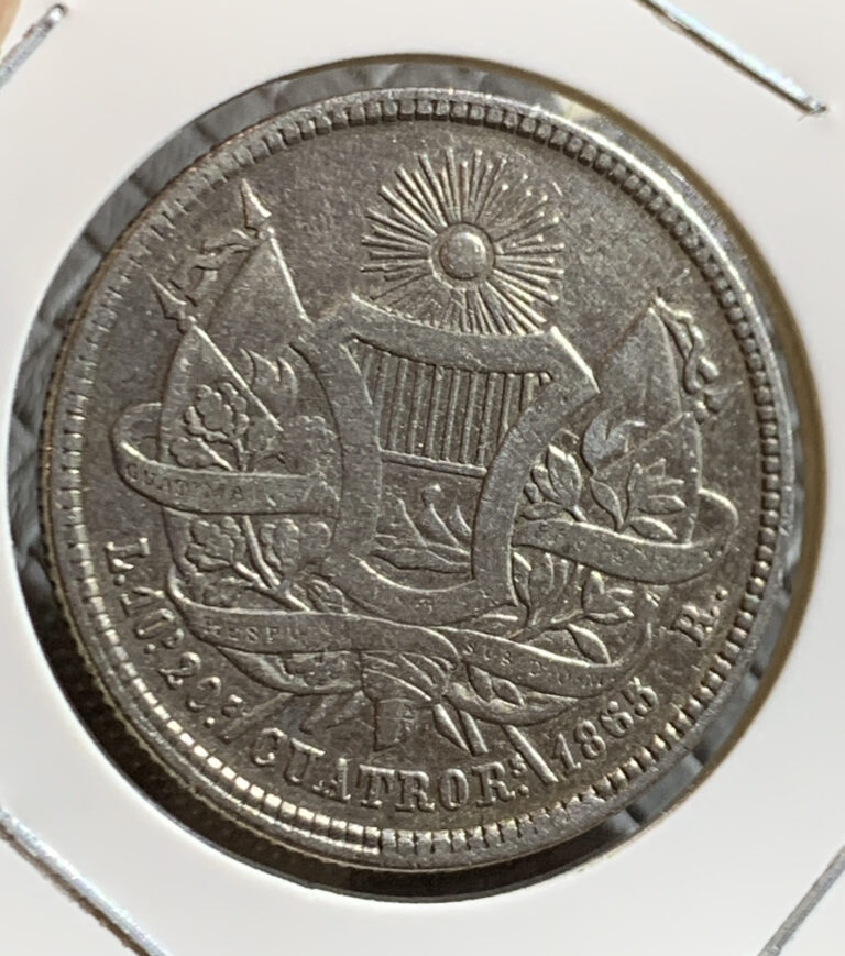 Read more about the article Guatemala 1865-R 4 Reales SILVER COIN  XF-AU