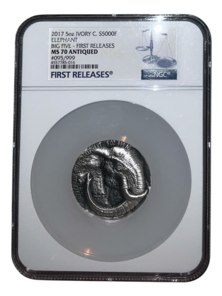 Read more about the article 2017 Ivory Coast Big Five Elephant NGC MS70 Antiqued 5oz Silver Coin