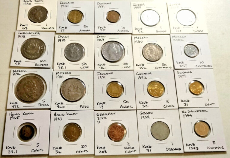 Read more about the article El Salvador  to  Mexico –  World  Coin Lot -( 20 Carded Coins)   (Lot#1175)