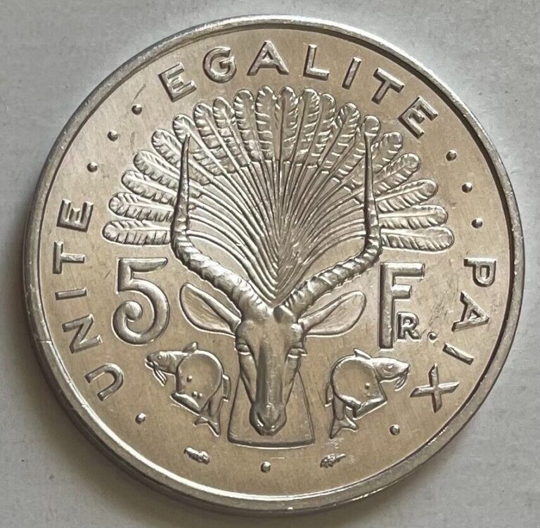 Read more about the article Djibouti 5 Francs 1991 – Waterbuck Antelope (Kobus ellipsiprymnus) Uncirculated