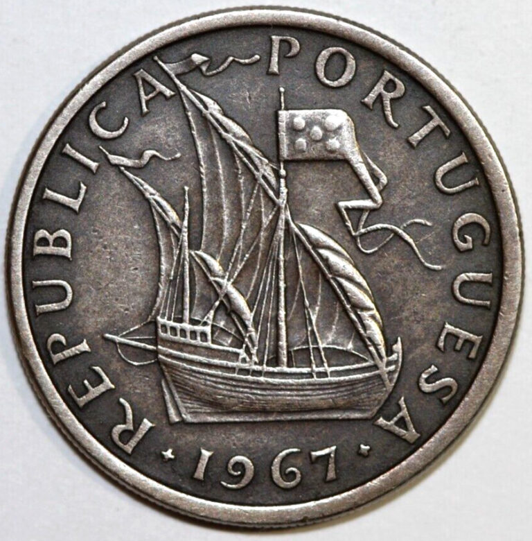 Read more about the article Portugal 1967 5 Escudos  Sailing ship  National arms-   Foreign Coin 24.5mm