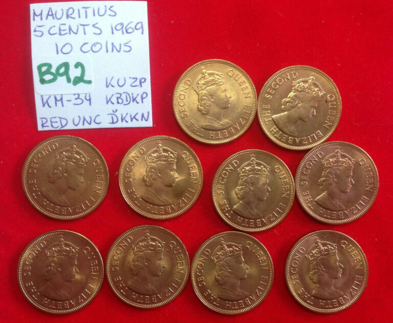 Read more about the article B92′ Mauritius; 10 Coins Lot from Mint Bag – 5 Cents 1969  KM#34  RED UNC