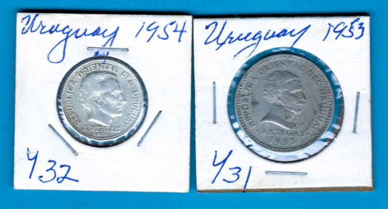 Read more about the article URUGUAY – THREE  BEAUTIFUL COINS: 5  10   AND SILVER 20 CENTESIMOS  1944 -1954