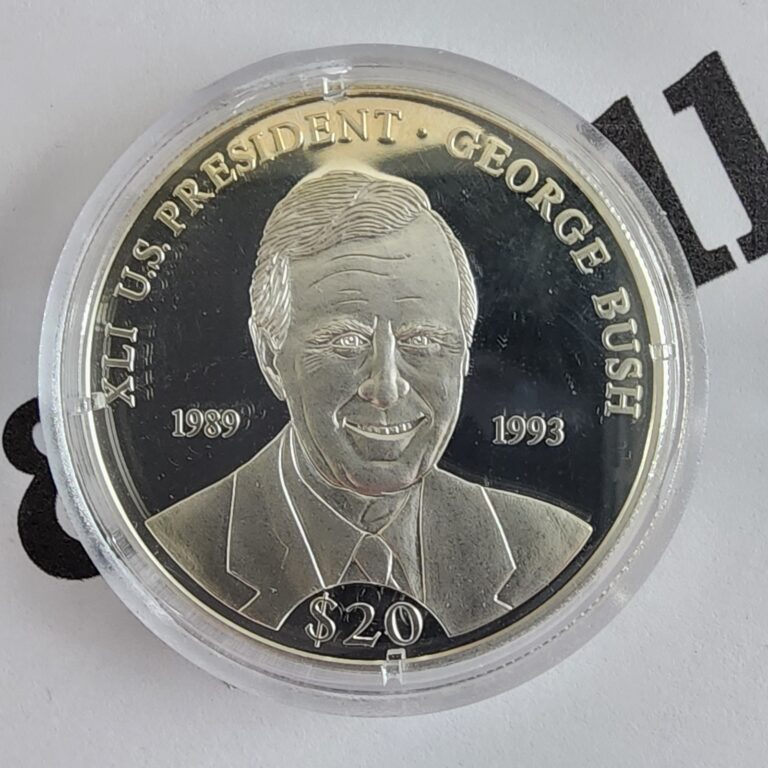 Read more about the article 2000 Liberia 20 Dollar .999 Silver Proof Coin – George Bush – Light toning