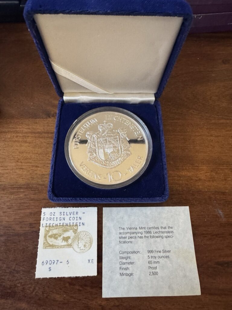 Read more about the article 1986 5 oz SILVER PROOF .999 10 Taler of Liechtenstein Vienna Mint Gorgeous