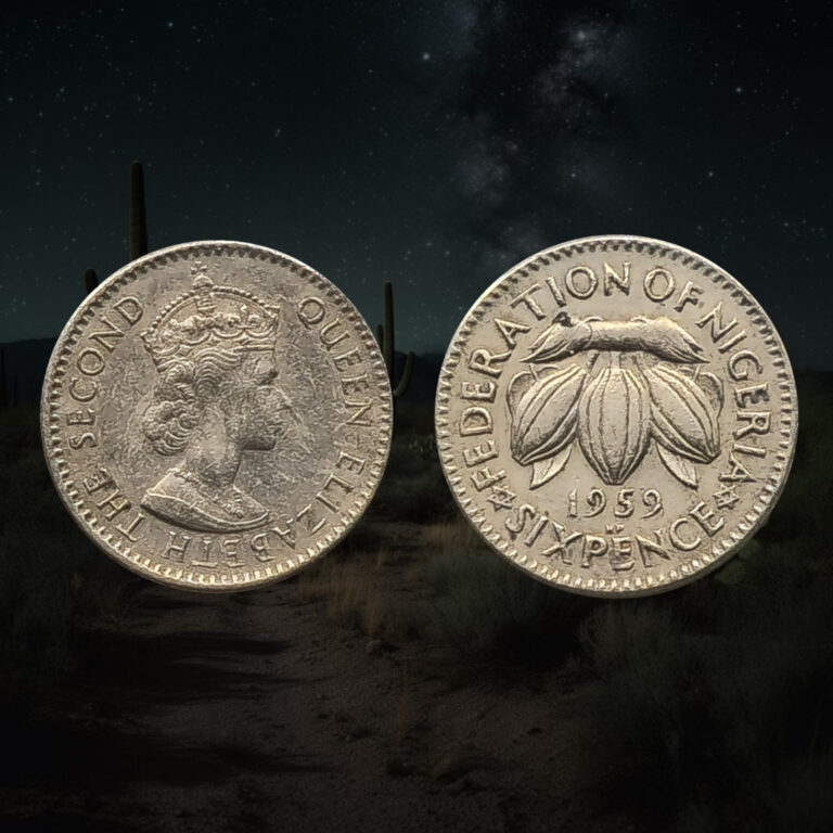 Read more about the article 1959 Nigeria 6 Pence Coin  Crowned bust facing right  Cacao beans
