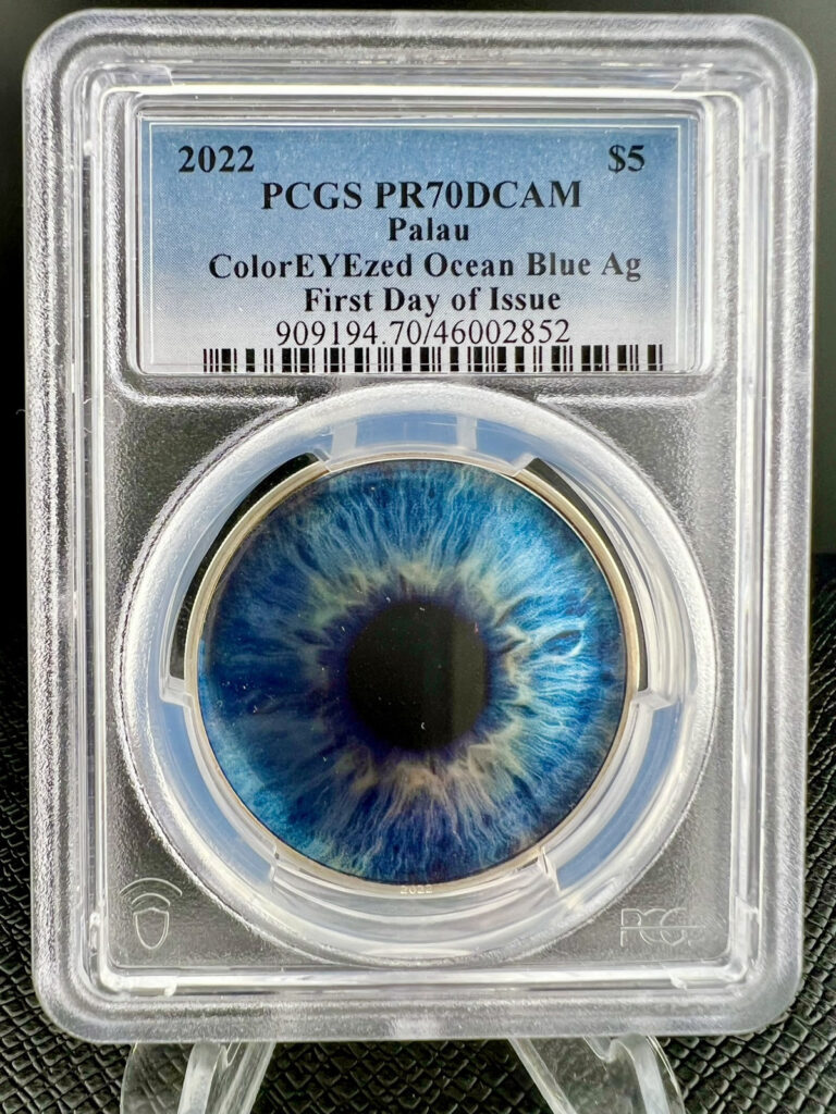 Read more about the article 2022 Palau ColorEYEzed OCEAN BLUE 1 oz. Silver Colorized  PCGS PR70