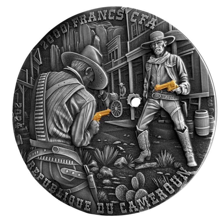 Read more about the article 2024 Cameroon 2 oz Silver Wild West Cowboy Duel High Relief with Gold Gilding