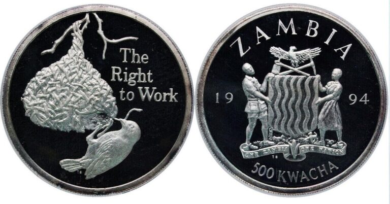 Read more about the article 1994 ZAMBIA 500 KW Silver PCGS PR67DCAM  [The Right to Work]
