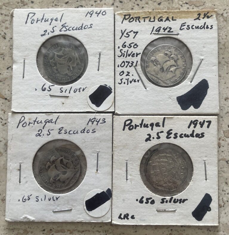 Read more about the article LOT OF 4 ASSORTED PORTUGAL SILVER 2 1/2 ESCUDOS COINS