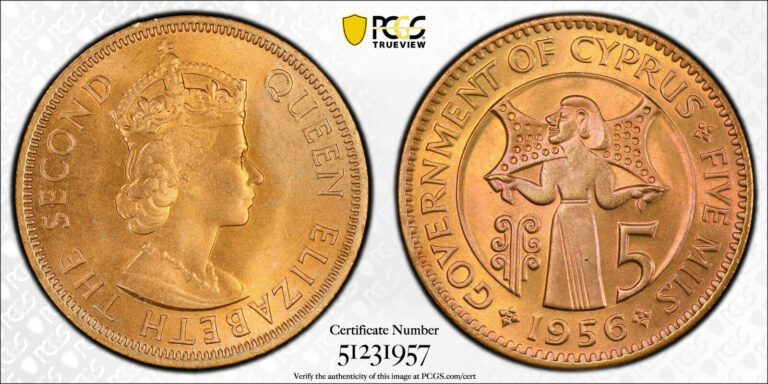 Read more about the article British Cyprus  1956 Elizabeth II 5 Mils. PCGS MS 66 Red.