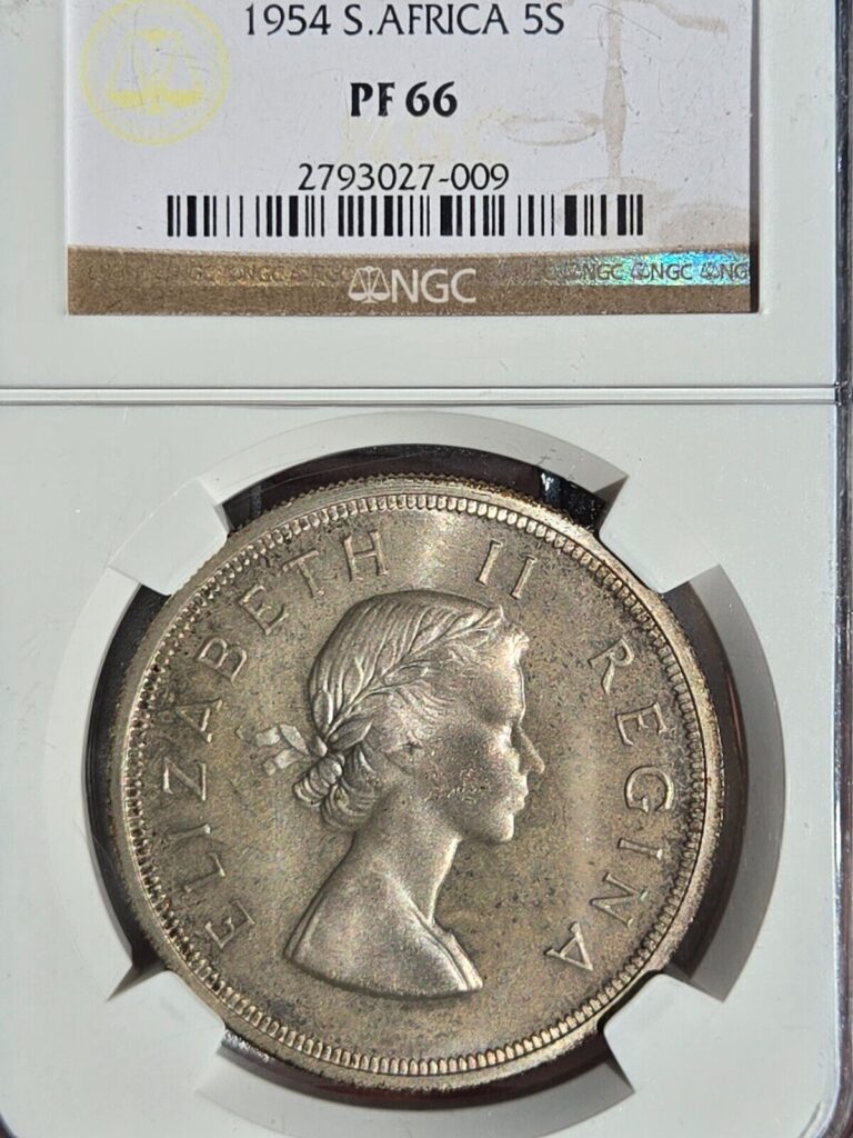 Read more about the article 1954  South  africa Silver 5 Shillings  NGC Proof 66 GEM   PQ “MATTE PROOF”