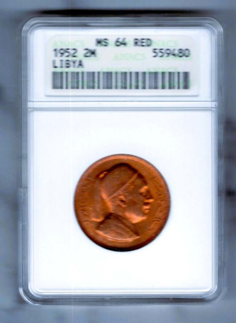 Read more about the article LIBYA – FANTASTIC HISTORICAL 2 MILLIEMES  1952  KM# 2  ANACS GRADED MS 64 RED