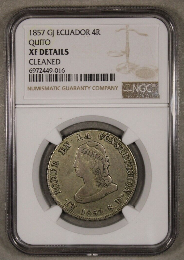 Read more about the article 1857 GJ Ecuador Quito Silver 4 Reales NGC XF Details Cleaned