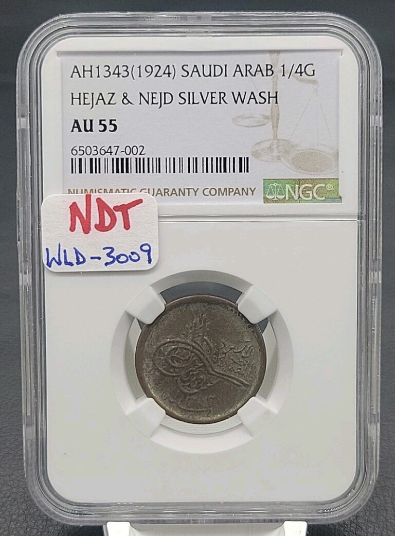 Read more about the article AH 1343 (1924) Saudi Arabia Coin HEJAZ and NEJD 1/4G SILVER WASH NGC AU55