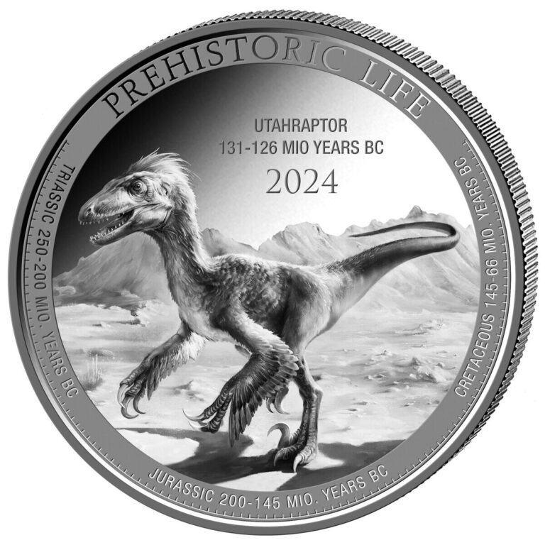 Read more about the article 2024 Congo Prehistoric Life Utahraptor BU 1 oz Silver Coin in capsule