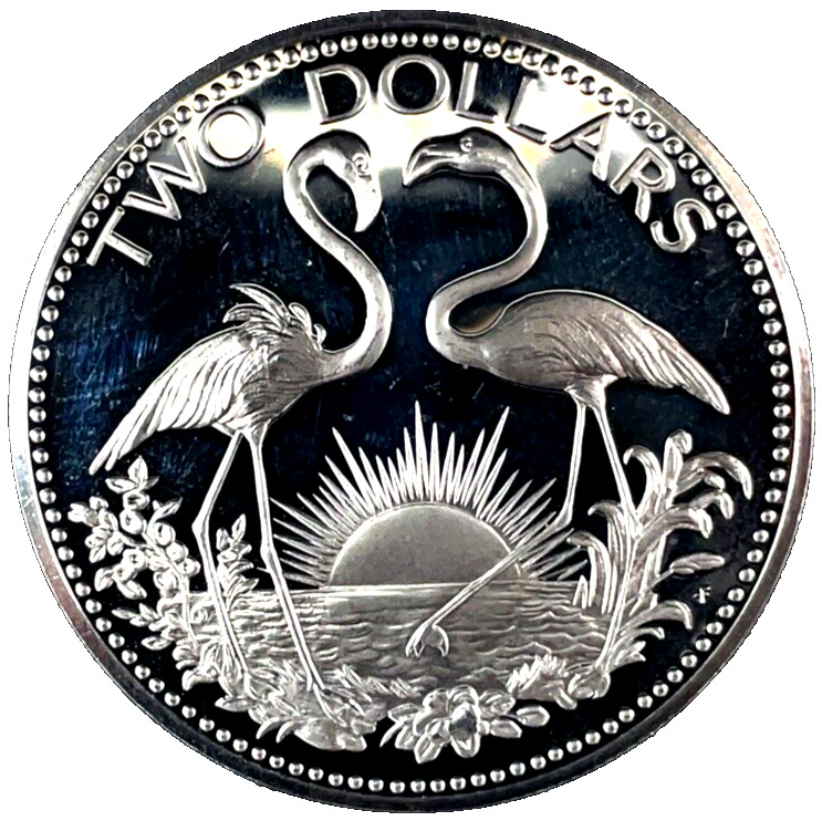 Read more about the article Bahamas 1974 $2 Two Dollars BU/UNC.  0.925 Fine Silver Proof  0.8862 ASW KM# 66A