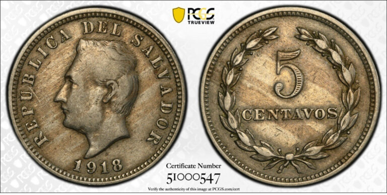 Read more about the article El Salvador 1918/7 5 Centavos XF45 PCGS