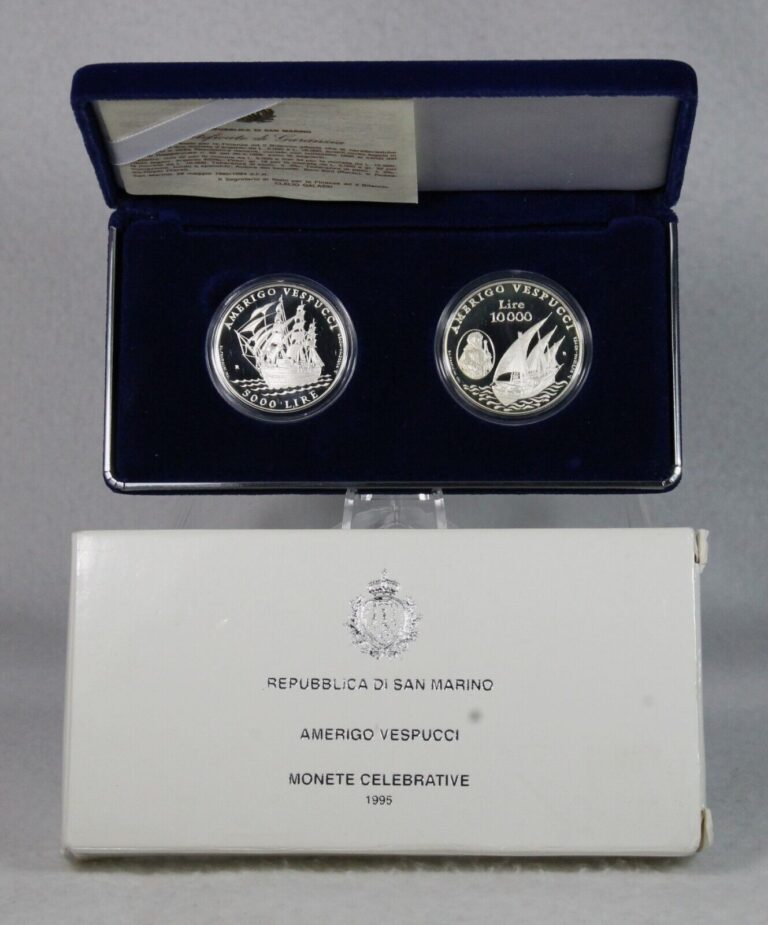 Read more about the article Rare San Marino 1995 AMERIGO VESPUCCI Silver 2 Coin Proof Set- 5000 and 10000 Lire