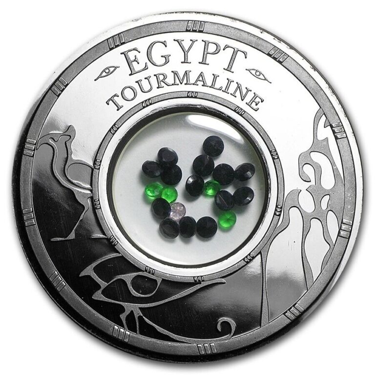 Read more about the article Benin 1 oz TOURMALINE EGYPT 1500 Francs Silver coin 2016 Proof Africa stones